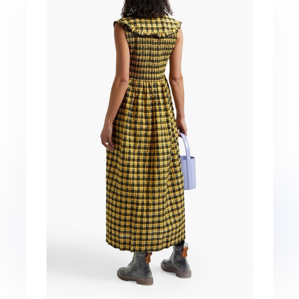 GANNI Collared Plaid Shirred Gingham Seersucker Yellow Maxi Midi Dress 36/ US 6 - Picture 5 of 8